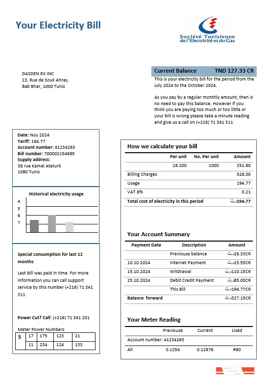 Tunisia electricity proof of address business utility bill template in Word and PDF formats